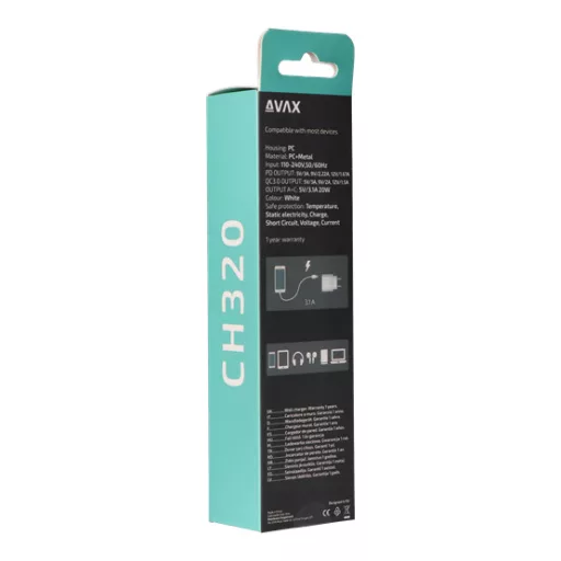 AVAX Hálózati töltő USB-A USB-C 20W, fehér