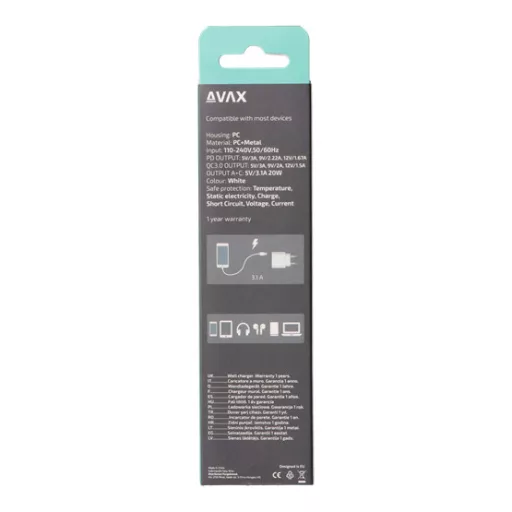 AVAX Hálózati töltő USB-A USB-C 20W, fehér