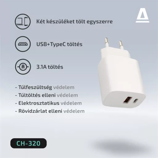 AVAX Hálózati töltő USB-A USB-C 20W, fehér