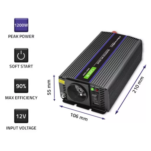 Qoltec Monolith áramátalakító és inverter Auto/Beltéri 600 W Fekete