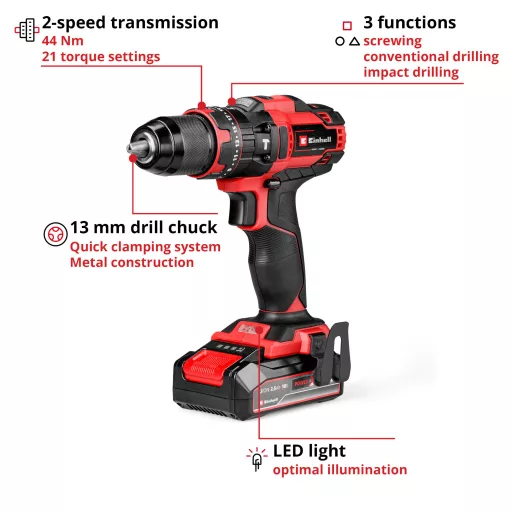 Einhell TE-CD 18/44 Li-i 24000 RPM Kulcsnélküli 1,59 kg Fekete, Vörös