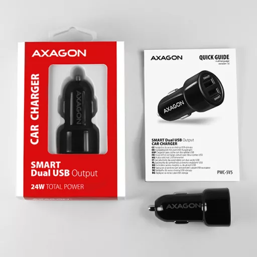 Axagon PWC-5V5 mobiltelefon töltő Mobiltelefon, Okostelefon, Táblagép, Univerzális Fekete Szivargyújtó Gyorstöltés Automatikus