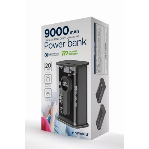 Gembird PB09-TQC3-01 külső akkumulátor Lítium-polimer (LiPo) 9000 mAh Fekete, Átlátszó