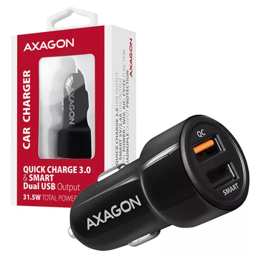 Axagon PWC-QC5 mobiltelefon töltő Mobiltelefon, Okostelefon, Táblagép, Univerzális Fekete Szivargyújtó Gyorstöltés Automatikus