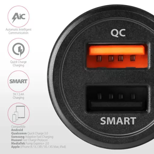 Axagon PWC-QC5 mobiltelefon töltő Mobiltelefon, Okostelefon, Táblagép, Univerzális Fekete Szivargyújtó Gyorstöltés Automatikus
