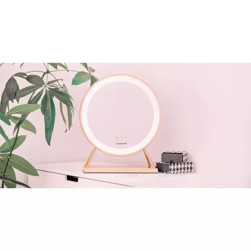 HUMANAS HM04 kerek álló smiktükör, 40 cm átmérő, LED, integrált érintő gombok, 3 színhőmérséklet, arany