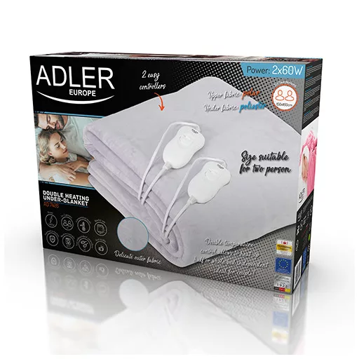 Adler AD 7426 elektromos takaró/párna Elektromos ágymelegítő 60 W Szürke Gyapjú, Poliészter