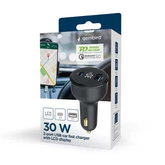   Gembird TA-UC-AC2PD30LCD-CAR-01 mobiltelefon töltő Univerzális Fekete Szivargyújtó Gyorstöltés Automatikus