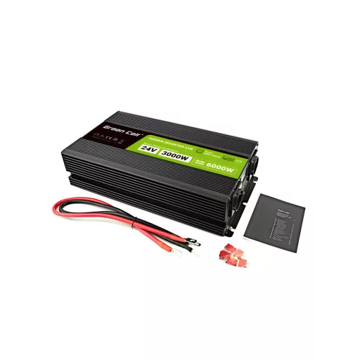 Green Cell Przetwornica napicia PowerInverter LCD 24 V 3000W/60000W Przetwornica samochodowa z wywietlaczem - czysty sinus áramátalakító és inverter Automatikus Fekete