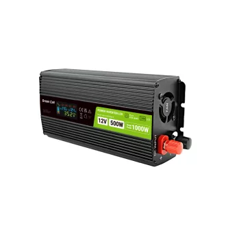   Green Cell Przetwornica napicia PowerInverter LCD 12 V 500W/1000W Przetwornica samochodowa z wywietlaczem - czysty sinus áramátalakító és inverter Automatikus Fekete