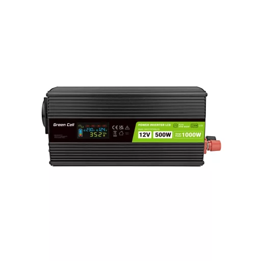 Green Cell Przetwornica napicia PowerInverter LCD 12 V 500W/1000W Przetwornica samochodowa z wywietlaczem - czysty sinus áramátalakító és inverter Automatikus Fekete
