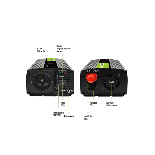 Green Cell Przetwornica napicia PowerInverter LCD 12 V 500W/1000W Przetwornica samochodowa z wywietlaczem - czysty sinus áramátalakító és inverter Automatikus Fekete