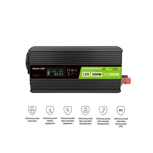 Green Cell Przetwornica napicia PowerInverter LCD 12 V 500W/1000W Przetwornica samochodowa z wywietlaczem - czysty sinus áramátalakító és inverter Automatikus Fekete