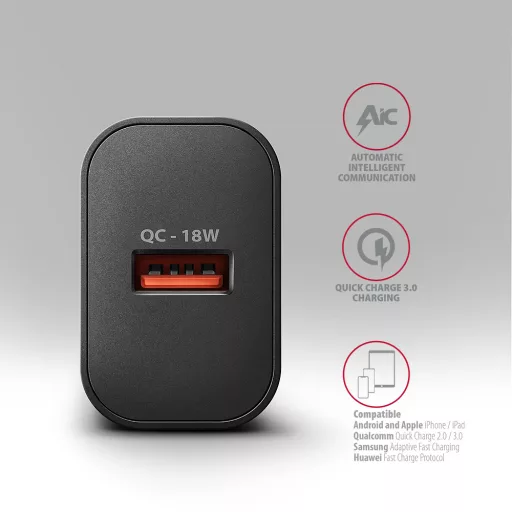 Axagon ACU-QC18 kroviklis jungiama tinkl QC 18W, 1x port USB-A, QC3.0/AFC/FCP/SMART Juoda Mobiltelefon, Tápérintkező, Okostelefon, Okosóra, Táblagép, Univerzális Fekete Váltakozó áram Gyorstöltés Beltéri