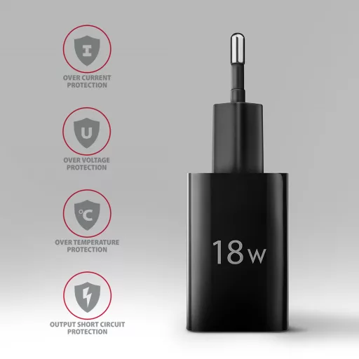 Axagon ACU-QC18 kroviklis jungiama tinkl QC 18W, 1x port USB-A, QC3.0/AFC/FCP/SMART Juoda Mobiltelefon, Tápérintkező, Okostelefon, Okosóra, Táblagép, Univerzális Fekete Váltakozó áram Gyorstöltés Beltéri