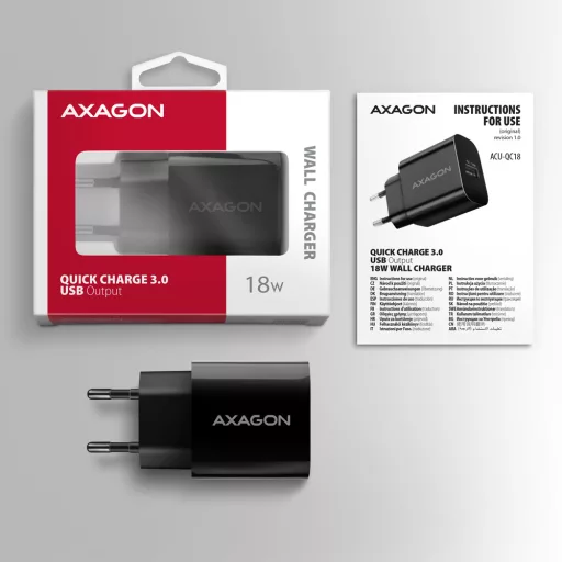 Axagon ACU-QC18 kroviklis jungiama tinkl QC 18W, 1x port USB-A, QC3.0/AFC/FCP/SMART Juoda Mobiltelefon, Tápérintkező, Okostelefon, Okosóra, Táblagép, Univerzális Fekete Váltakozó áram Gyorstöltés Beltéri