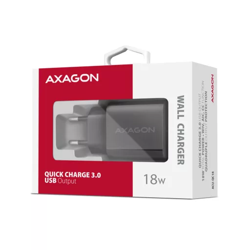 Axagon ACU-QC18 kroviklis jungiama tinkl QC 18W, 1x port USB-A, QC3.0/AFC/FCP/SMART Juoda Mobiltelefon, Tápérintkező, Okostelefon, Okosóra, Táblagép, Univerzális Fekete Váltakozó áram Gyorstöltés Beltéri