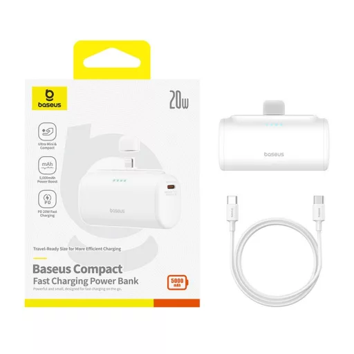 CHG Baseus Compact gyorstöltő powerbank 5000 mAh, 20W iPhone csatlakozóval, fehér