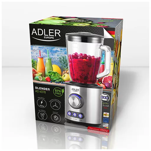 Adler AD 4078 turmixgép Asztali mixer 1700 W Fekete, Rozsdamentes acél, Átlátszó