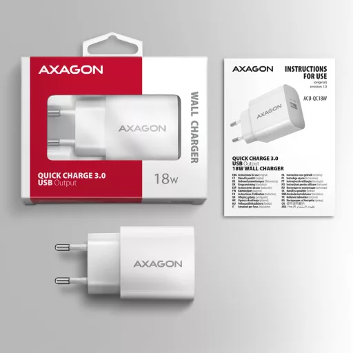 Axagon ACU-QC18W mobiltelefon töltő Mobiltelefon, Okostelefon, Okosóra, Táblagép, Univerzális Fehér Váltakozó áram Gyorstöltés Beltéri