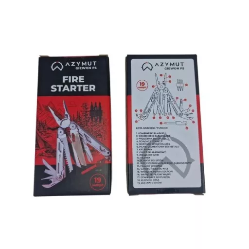 Multitool AZYMUT Giewon FS - Fire Starter - 19 narzędzi - krzesiwo + gwizdek + kabura do pasa (H2038A)