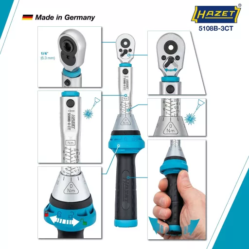 Drehmomentschlüssel 5108B-3CT für Bits, 1/4" (blau/schwarz, Umschalt-Knarre)