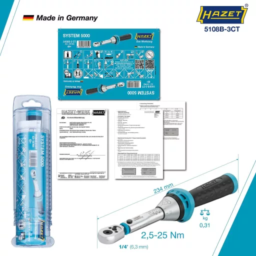Drehmomentschlüssel 5108B-3CT für Bits, 1/4" (blau/schwarz, Umschalt-Knarre)