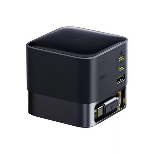 Baseus Super GaN töltőállomás 100W, 1×USB Type-A + 2×USB Type-C + USB Type-C automata behúzós kábel, fekete