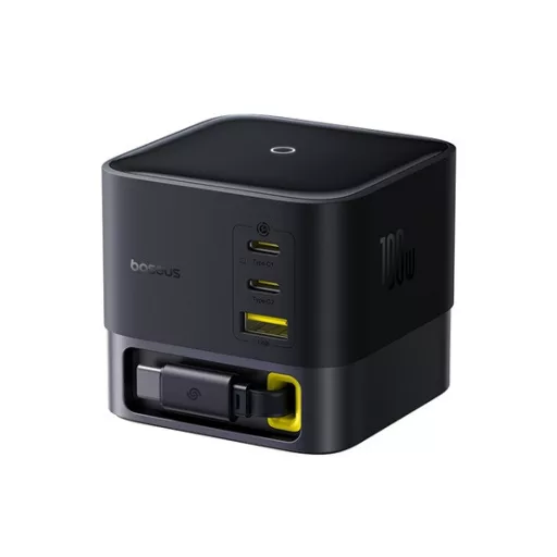 Baseus Super GaN töltőállomás 100W, 1×USB Type-A + 2×USB Type-C + USB Type-C automata behúzós kábel, fekete