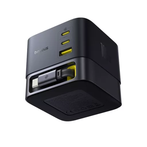 Baseus Super GaN töltőállomás 100W, 1×USB Type-A + 2×USB Type-C + USB Type-C automata behúzós kábel, fekete