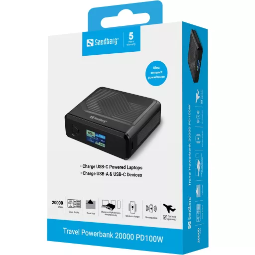 Sandberg 421-25 külső akkumulátor Lítium-polimer (LiPo) 20000 mAh Vezeték nélkül tölthető Fekete